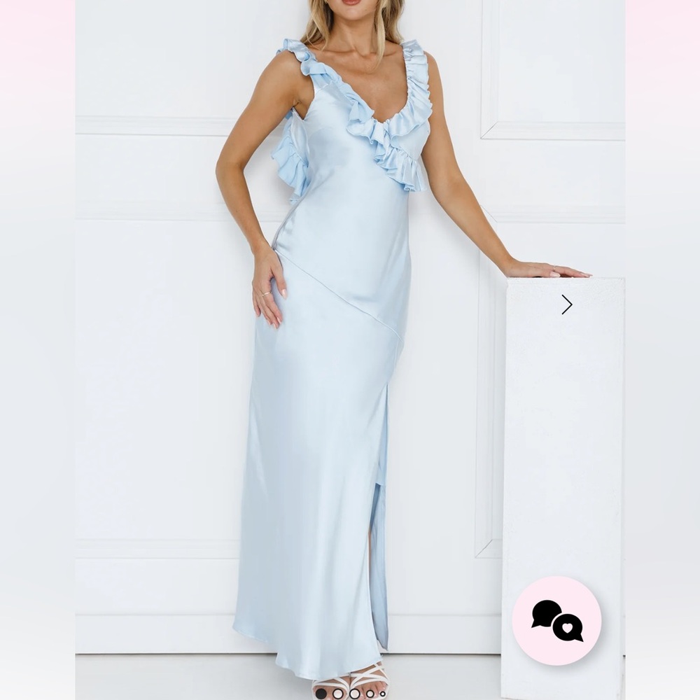 Hello Molly new light, blue, satin bridesmaids, maxi, dress with ruffle L